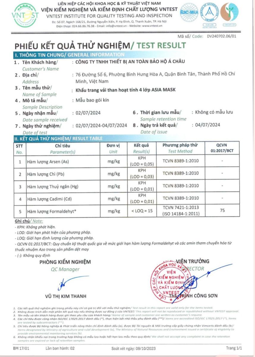 thong bao ket qua kiem dinh moi nhat khau trang than hoat tinh asia mask ngay 472024 cua vien kiem nghiem va kiem dinh chat luong vntest