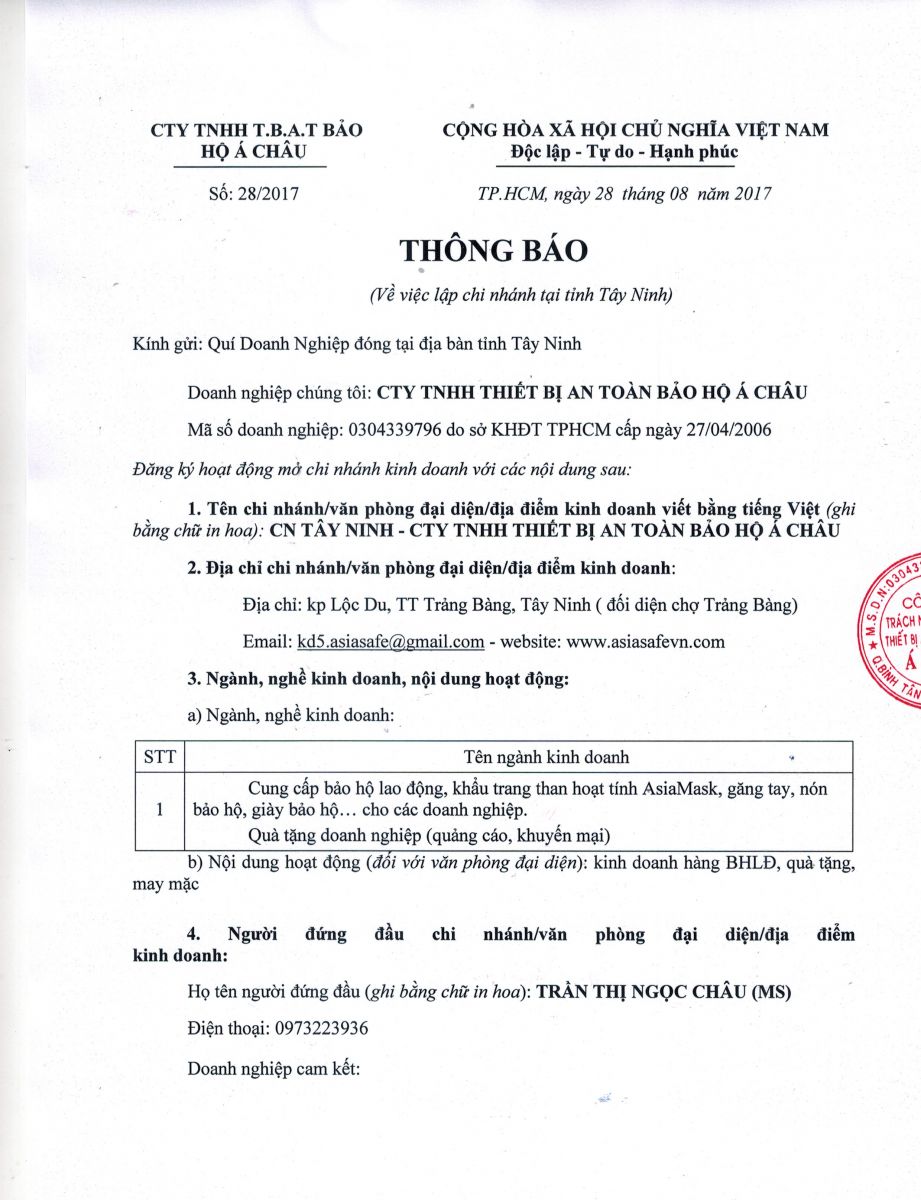 thong bao vv mo chi nhanh tai tay ninh