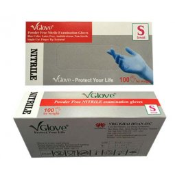 găng tay y tế 24cm Vglove nitrile nhám ngón (trắng/xanh)